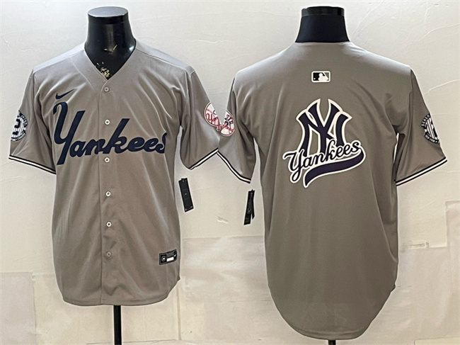Men's New York Yankees Team Big Logo Grey With Patch Limited Stitched Baseball Jersey Men's New York Yankees Team Big Logo Grey With Patch Limited Stitched Baseball Jersey